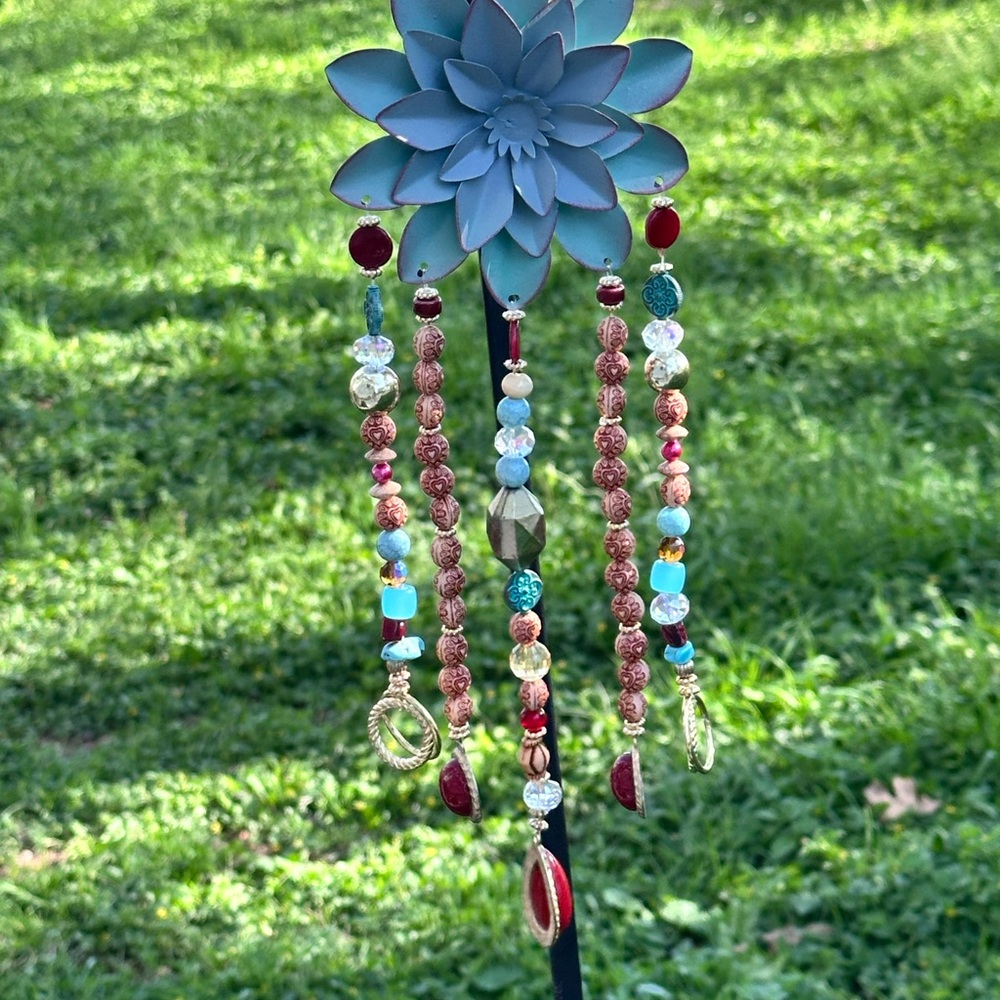 Handmade Beaded Wind Chime - Blue Flower Top with Multicolor Beads